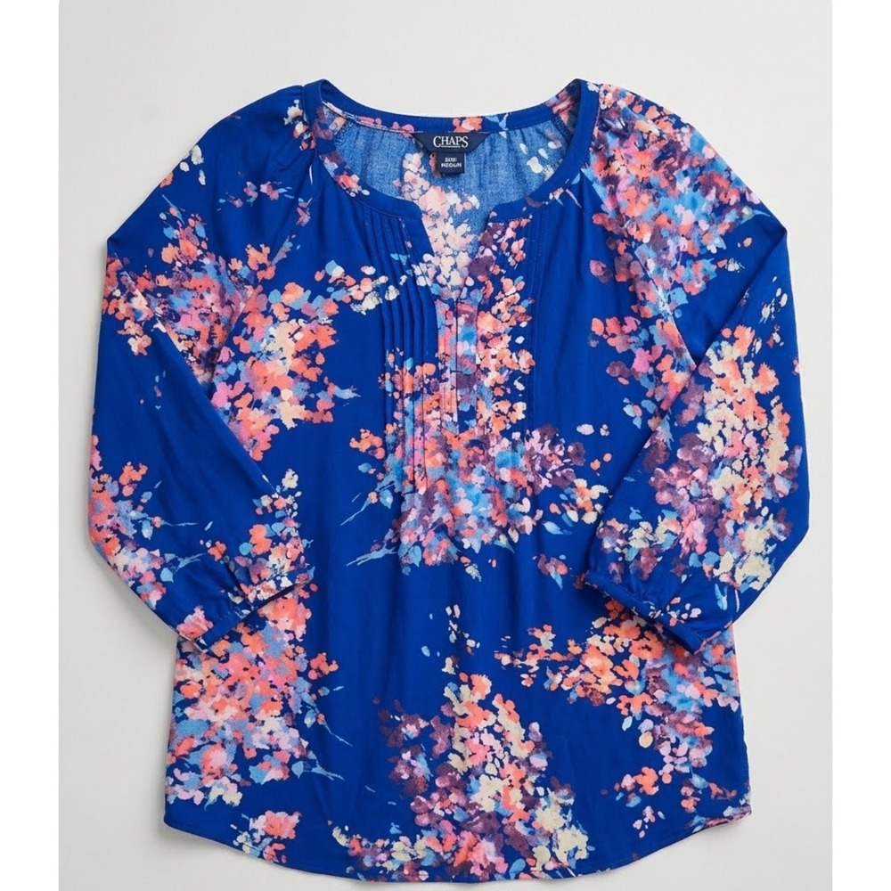 Boho Floral Blouse Royal Blue Pink Pintuck V-Neck Rayon Top XL